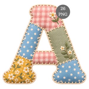 Lot de 26 images clipart PNG de l'alphabet patchwork - Lettres colorées en tissu, alphabet patchwork mignon, téléchargement numérique