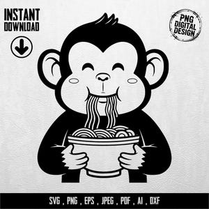 Könnte beinhalten: Schwarz-Weiß-Illustration eines Cartoon-Affen, der Nudeln aus einer Schüssel isst. Der Affe lächelt, mit Nudeln, die aus seinem Mund hängen. Text beinhaltet "INSTANT DOWNLOAD" und "PNG DIGITAL DESIGN". Enthält auch Dateityp-Optionen: SVG, PNG, EPS, JPEG, PDF, AI, DXF.