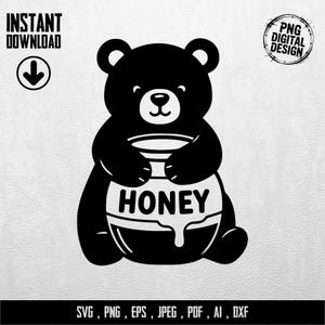 Pode incluir: Gráfico preto e branco de um urso segurando um pote de mel. A palavra "HONEY" é exibida no pote. A imagem também inclui as palavras "INSTANT DOWNLOAD" e "PNG DIGITAL DESIGN". Abaixo do urso estão os tipos de arquivo: SVG, PNG, EPS, JPEG, PDF, AI, DXF.