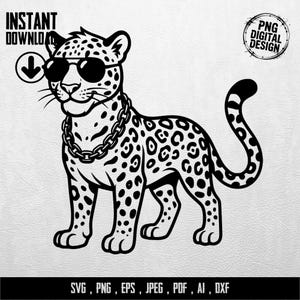 Könnte beinhalten: Schwarz-Weiß-Illustration eines Leoparden mit Sonnenbrille und Halskette. Das Bild enthält den Text "INSTANT DOWNLOAD" und "PNG DIGITAL DESIGN". Der untere Teil des Bildes zeigt Dateitypoptionen: SVG, PNG, EPS, JPEG, PDF, AI, DXF.