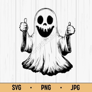 Thumbs Up Ghost Sublimation SVG PNG JPG – Funny Halloween Ghost Vector, Black Line Art Spooky Clipart for T-Shirts, Stickers, Party Decor
