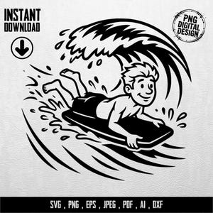 May include: Black and white digital design of a person surfing on a boogie board, with a large wave overhead. The image includes the text "INSTANT DOWNLOAD" and "PNG DIGITAL DESIGN". The bottom of the image includes the text "SVG, PNG, EPS, JPEG, PDF, AI, DXF".