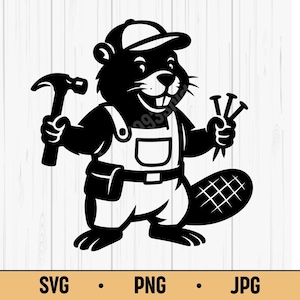 Könnte beinhalten: Schwarz-weiße Cartoon-Illustration eines Bibers mit Mütze und Latzhose, der einen Hammer und Nägel hält. Der Biber lächelt. Der Text "SVG • PNG • JPG" ist enthalten.