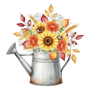 Könnte beinhalten: Aquarellillustration einer Gießkanne aus verzinktem Metall, die mit einem lebendigen Bouquet aus Sonnenblumen, orangefarbenen Chrysanthemen und Herbstblättern überquillt. Das Arrangement umfasst Weizenähren und zarte weiße Blüten, die ein Herbsternethema hervorrufen.