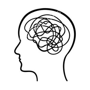 May include: A black and white illustration of a human head in profile, with a tangled, scribbled design representing the brain. The brain's lines are thick and chaotic, suggesting complexity or confusion.