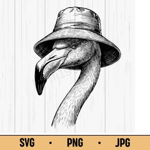 Sombrero de flamenco SVG PNG JPG: Divertido flamenco con sombrero de pescador, genial clipart de ave tropical para manualidades de verano o playa
