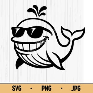 Cool Whale SVG PNG JPG – Smiling Cartoon Whale with Sunglasses, Vector for Shirts & Stickers