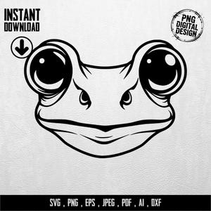 May include: A black and white digital design of a frog's face with large eyes and a wide mouth. The image includes the words "INSTANT DOWNLOAD" and "PNG DIGITAL DESIGN". The bottom of the image has the text "SVG, PNG, EPS, JPEG, PDF, AI, DXF."