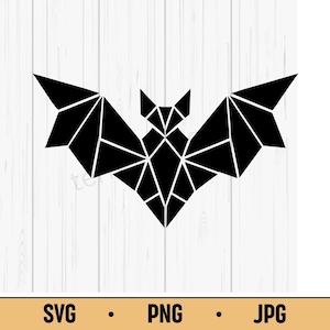 Peut inclure: Un motif de chauve-souris géométrique noire composé de formes triangulaires, sur un fond blanc à effet bois. L'image comprend le texte "SVG • PNG • JPG" en bas, indiquant les formats de fichiers.