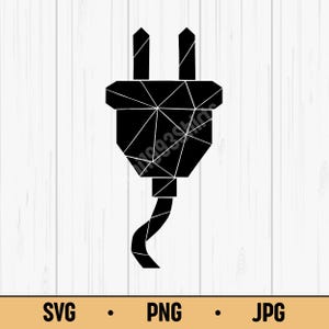 Könnte beinhalten: Eine schwarze geometrische Illustration eines elektrischen Steckers mit zwei Stiften und einem Kabel. Der Körper des Steckers weist ein polygonales Design auf. Das Bild enthält den Text "SVG • PNG • JPG" unten, der Dateiformate angibt.