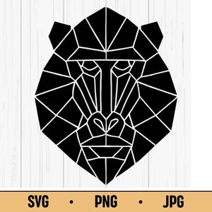 Könnte beinhalten: Schwarz-weiße geometrische Illustration eines Pavian-Gesichts. Das Design besteht aus eckigen Formen und Linien, die einen modernen, stilisierten Look erzeugen. Das Bild enthält den Text "SVG • PNG • JPG" am unteren Rand.