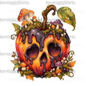May include: A graphic illustration of a pumpkin shaped like a skull, covered in dripping black liquid, topped with green moss, various orange and purple mushrooms, and a single large leaf. The text "terni1993Shirts" is repeated across the image.
