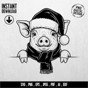 Könnte beinhalten: Schwarz-weiße digitale Illustration eines Schweins mit Weihnachtsmütze und Schal, das ein leeres Schild hält. Text: "INSTANT DOWNLOAD" und "PNG DIGITAL DESIGN". Dateiformate: SVG, PNG, EPS, JPEG, PDF, AI, DXF.