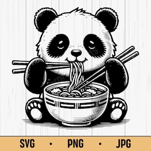 Panda comiendo ramen (SVG PNG) – Divertido clipart de panda con fideos y palillos, descarga digital para amantes de la comida asiática y camisetas.