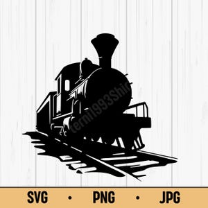 May include: Black silhouette of a vintage steam train on tracks. The image includes the text "SVG • PNG • JPG" at the bottom. The train features a large boiler, smokestack, and a detailed cab, set against a white wood-grain background.