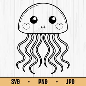 Medusas lindas SVG PNG: Clipart de medusas de dibujos animados kawaii con corazones, descarga digital para manualidades infantiles y Cricut