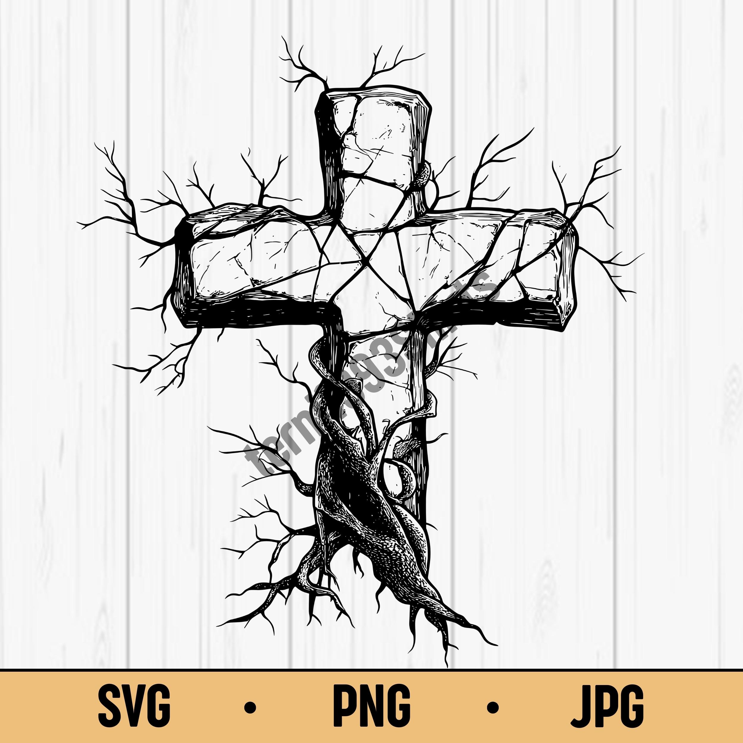 ひび割れた石の十字架昇華SVG PNG JPG – ゴシックな木の根の十字架