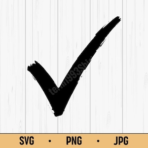 Könnte beinhalten: Ein schwarzes Häkchen-Symbol im Pinselstrich-Stil, vor einem weißen Hintergrund mit Holzmaserung. Das Bild enthält den Text "SVG • PNG • JPG" am unteren Rand, der Dateiformate angibt.