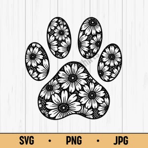 Op de afbeelding: Zwart-wit bloemenpootafdrukontwerp. De pootafdruk is gevuld met madeliefachtige bloemen. De afbeelding bevat onderaan de tekst "SVG", "PNG" en "JPG".
