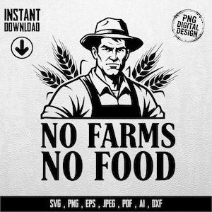 Könnte beinhalten: Schwarz-weißes digitales Design mit einem Bauern, Weizenähren, dem Text "NO FARMS NO FOOD" und Dateitypoptionen. Enthält "INSTANT DOWNLOAD" und "PNG DIGITAL DESIGN" Text.