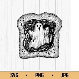 May include: Black and white illustration of a ghost on a slice of toast. The ghost has a simple design with three oval eyes and a wide mouth. The toast is outlined with a dark border.