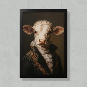 May include: Framed portrait of a cow with a white face and curly hair, wearing a black jacket with gold embroidery and a white ruffled collar. The artwork is set against a dark background.