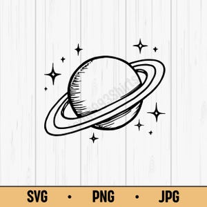 Könnte beinhalten: Schwarz-weiße Strichzeichnung eines Planeten mit Ringen und Sternen. Der Planet ist mit strukturierten Schattierungen versehen. Das Bild enthält den Text "SVG • PNG • JPG" am unteren Rand.
