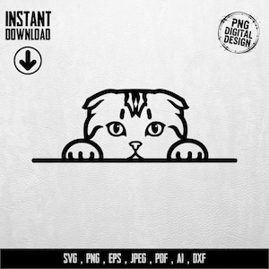 Könnte beinhalten: Schwarz-weiße digitale Illustration einer Scottish Fold Katze, die über eine Linie schaut. Das Bild enthält den Text "INSTANT DOWNLOAD" und "PNG DIGITAL DESIGN". Der untere Teil des Bildes enthält den Text "SVG, PNG, EPS, JPEG, PDF, AI, DXXF".