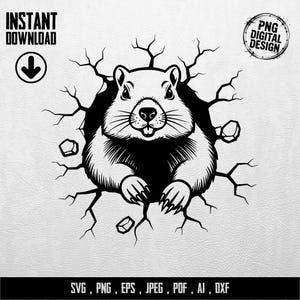 Könnte beinhalten: Schwarz-weißes digitales Design eines Murmeltiers, das durch eine zerbrochene Oberfläche bricht. Das Design enthält den Text "INSTANT DOWNLOAD" und "PNG DIGITAL DESIGN". Der untere Teil des Designs enthält die Dateitypen: SVG, PNG, EPS, JPEG, PDF, AI, DXF.