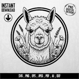 Könnte beinhalten: Schwarz-weiß digitale Illustration eines Alpakas, umgeben von Blumen und Gras, in einem kreisförmigen Rahmen. Enthält die Texte "INSTANT DOWNLOAD" und "PNG DIGITAL DESIGN". Verfügbar in SVG, PNG, EPS, JPEG, PDF, AI und DXF Formaten.