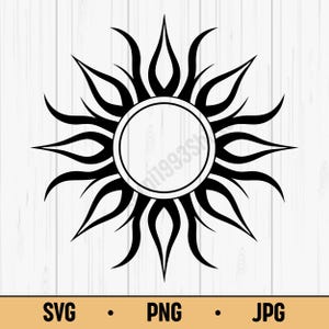 May include: Black sunburst design with a central circular space for text or a logo. The sun's rays are stylized flames. The image includes the text "SVG • PNG • JPG" at the bottom, indicating file formats.