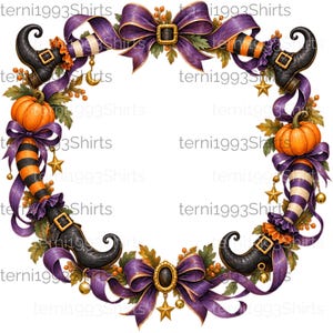 Könnte beinhalten: Ein kreisförmiger Halloween-Kranz mit violetten Schleifen, orangefarbenen Kürbissen und schwarzen Stiefeln mit gekrümmten Spitzen sowie orange-schwarz gestreiften Strümpfen. Das Design enthält goldene Sterne, kleine Glöckchen und grüne Blätter mit dem Text terni1993Shirts.