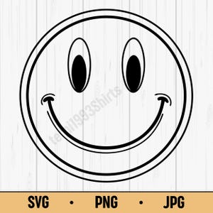 Könnte beinhalten: Schwarz-weißes Smiley-Gesicht-Grafik mit doppelter Kontur. Das Design umfasst ovale Augen und ein geschwungenes Lächeln. Der untere Teil des Bildes zeigt den Text "SVG • PNG • JPG".