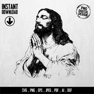 Jezus die bidt SVG digitaal ontwerp, christelijke kunst direct te downloaden PNG, religieuze vector voor Cricut, geloof clipart printbaar heilig