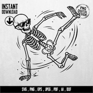 Könnte beinhalten: Schwarz-weiße digitale Illustration eines Skeletts mit Sonnenbrille in einer dynamischen Pose mit einem erhobenen Bein. Der Text "INSTANT DOWNLOAD" und "PNG DIGITAL DESIGN" ist enthalten. Dateiformate: SVG, PNG, EPS, JPEG, PDF, AI, DXF.