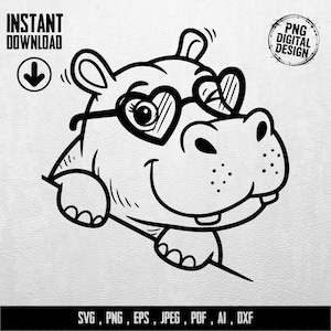 Könnte beinhalten: Schwarz-weiße digitale Illustration eines lächelnden Nilpferds mit herzförmiger Brille. Der Text "INSTANT DOWNLOAD" und "PNG DIGITAL DESIGN" sind enthalten. Am unteren Rand des Bildes steht "SVG, PNG, EPS, JPEG, PDF, AI, DXF".