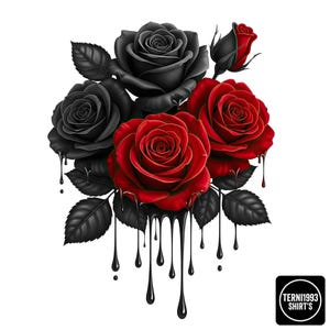 Könnte beinhalten: Grafische Illustration von Rosen in Rot- und Schwarztönen, mit schwarzen Blättern und tropfender schwarzer Flüssigkeit. Das Design zeigt eine Mischung aus offenen Blüten und Knospen vor weißem Hintergrund. Das Bild enthält den Text "TERNI1993 SHIRT'S".