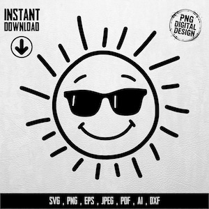 Könnte beinhalten: Ein schwarz-weißes digitales Design einer lächelnden Sonne mit Sonnenbrille. Die Sonne hat strahlende Linien und der Text "INSTANT DOWNLOAD" und "PNG DIGITAL DESIGN" sind enthalten. Die Dateiformate sind SVG, PNG, EPS, JPEG, PDF, AI und DXF.