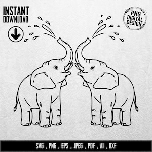 Könnte beinhalten: Schwarz-weißes digitales Design mit zwei Elefanten, die Wasser aus ihren Rüsseln spritzen. Das Bild enthält den Text "INSTANT DOWNLOAD" und "PNG DIGITAL DESIGN". Die Dateiformate sind SVG, PNG, EPS, JPEG, PDF, AI und DXF.