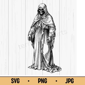 Monaco Scheletro SVG PNG JPG – Scheletro Tetro in Tuta con Cappuccio, Disegnato a Mano in Stile Mietitore di Morte Inquietante per Halloween e Arte Oscura