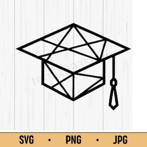 May include: A black geometric graduation cap design. The cap features a square top with intersecting lines and a tassel hanging from the side. The bottom of the image displays the text "SVG • PNG • JPG".