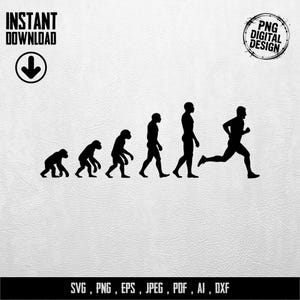Könnte beinhalten: Schwarze Silhouette, die die menschliche Evolution vom Affen zum Läufer darstellt. Das Bild enthält den Text "INSTANT DOWNLOAD" und "PNG DIGITAL DESIGN". Dateiformate: SVG, PNG, EPS, JPEG, PDF, AI, DXXF.