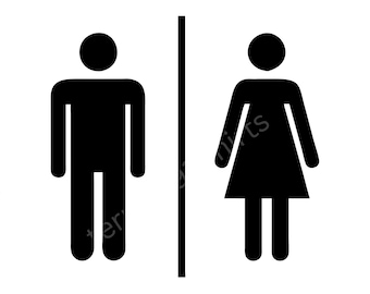 May include: Black and white restroom sign featuring a male and female silhouette separated by a vertical line. The male figure is a simple, rectangular shape with a circular head. The female figure is a similar shape, but with a skirt.