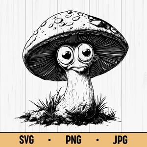 Cute Mushroom Character SVG PNG – Funny Forest Line Art Digital Download for Stickers and Nature Crafts