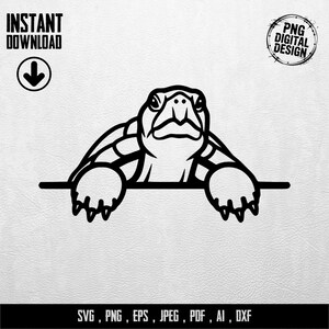 Könnte beinhalten: Schwarz-weißes digitales Design einer Schildkröte, die über eine horizontale Linie blickt. Die Schildkröte hat detaillierte Schalenmuster. Enthält den Text "INSTANT DOWNLOAD" und "PNG DIGITAL DESIGN". Dateitypoptionen sind ebenfalls enthalten.