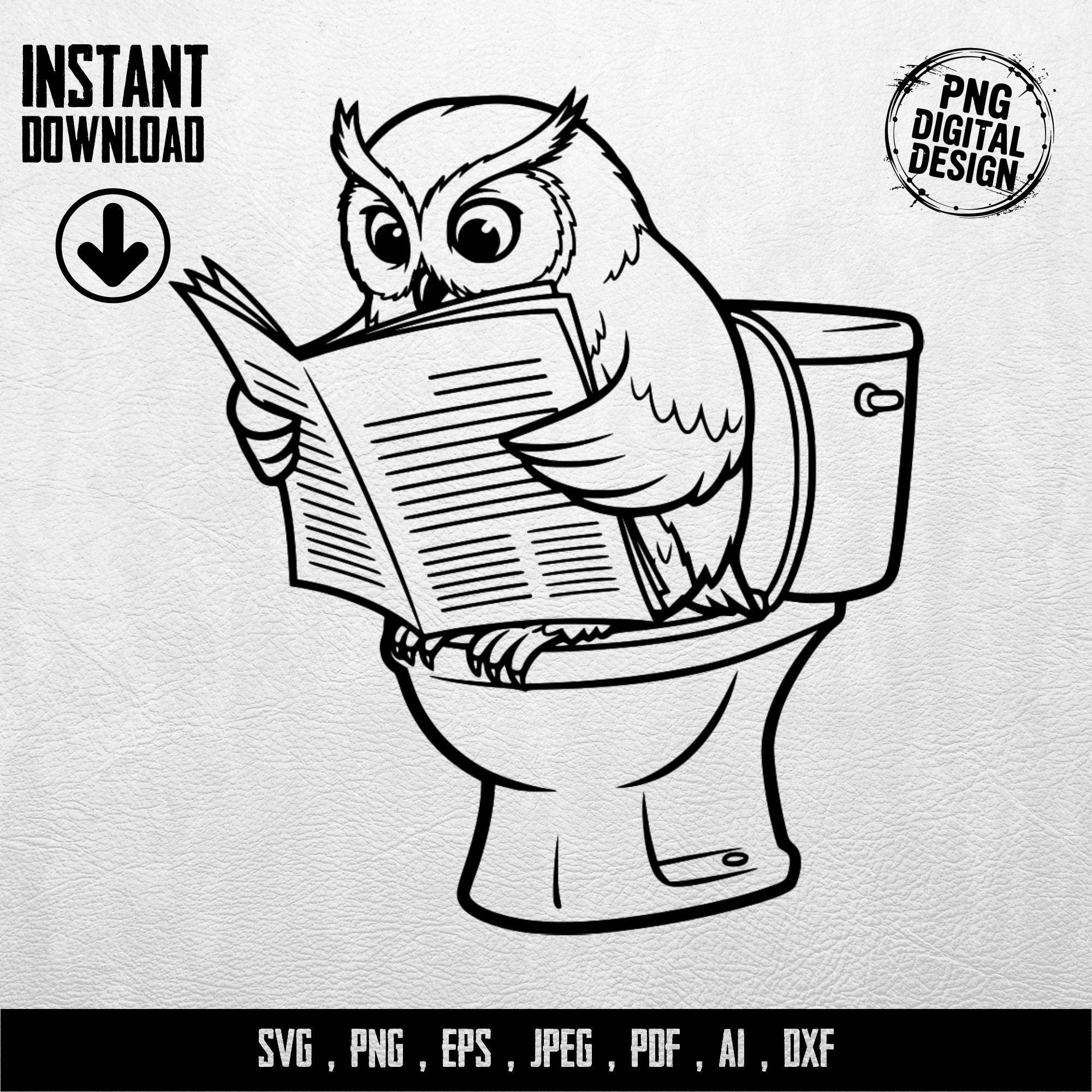 Owl on Toilet Reading Digital SVG PNG Clipart, Bathroom Art Print, Funny Animals Drawing, Restroom D