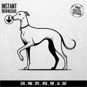 Könnte beinhalten: Schwarz-weiße digitale Illustration eines Windhundes im Profil. Mit Texten "INSTANT DOWNLOAD" und "PNG DIGITAL DESIGN". Dateiformate: SVG, PNG, EPS, JPEG, PDF, AI, DXF.