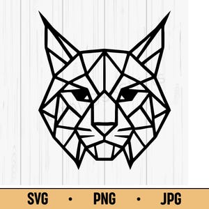 Peut inclure: Illustration géométrique noire d'une tête de lynx. Le dessin est composé de lignes et de formes interconnectées, créant un effet low-poly. Le texte "SVG • PNG • JPG" est inclus en bas de l'image.