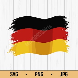 Könnte beinhalten: Ein stilisierter deutscher Flaggenentwurf mit schwarzen, roten und gelben horizontalen Streifen. Die Flagge hat einen Pinselstrich-Effekt, der ihr ein strukturiertes Aussehen verleiht. Das Bild enthält unten den Text "SVG • PNG • JPG".