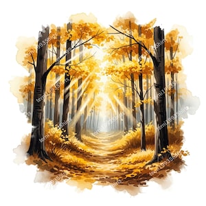 Könnte beinhalten: Aquarellmalerei eines Waldweges im Sonnenlicht. Das Kunstwerk zeigt hohe, dunkle Baumstämme mit goldenen Blättern, die einen Tunneleffekt erzeugen. Der Weg ist mit abgefallenen Blättern gesäumt, und die Sonnenstrahlen dringen durch die Bäume.